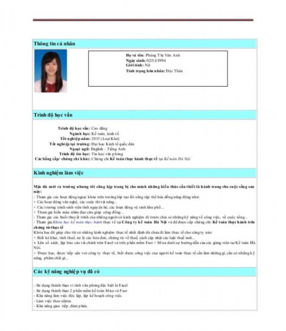 Mẫu CV xin việc bằng tiếng Việt chuẩn dành cho sinh viên mới tốt nghiệp
